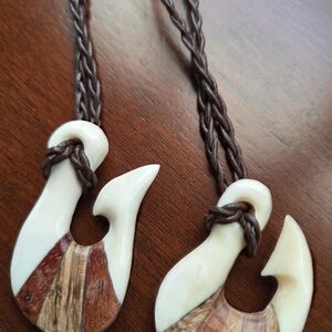 Carved Bone and Wood Hook Necklaces